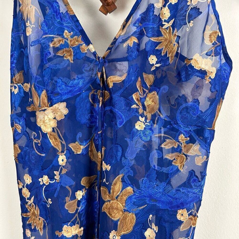 VINTAGE Floral Lace Nightie Blue Gold GUC P519 - Picture 2 of 4